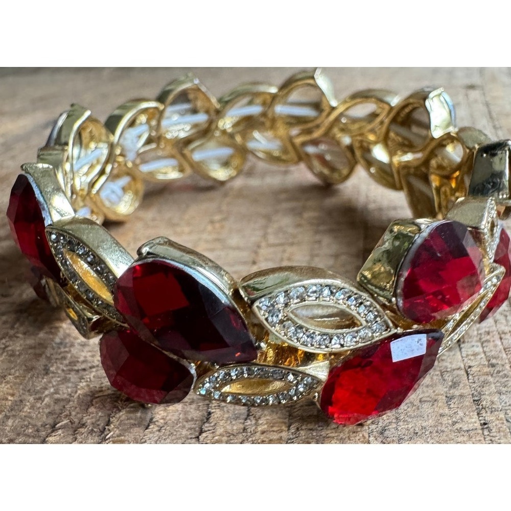 Gold Tone Ruby Red Rhinestone Stretch Bracelet Regencycore Cocktail Bangle